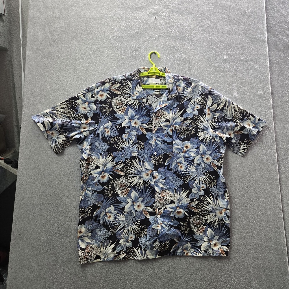Rochester Men Button Up Shirt 3XLT Blue Floral Hawaiian Shirt Loop Collar